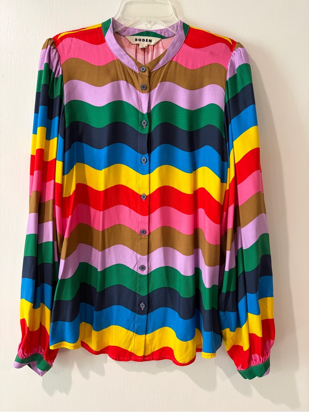 Boden Multicolor Wave-Stripe Button-Front Blouse - Green/Red/Yellow